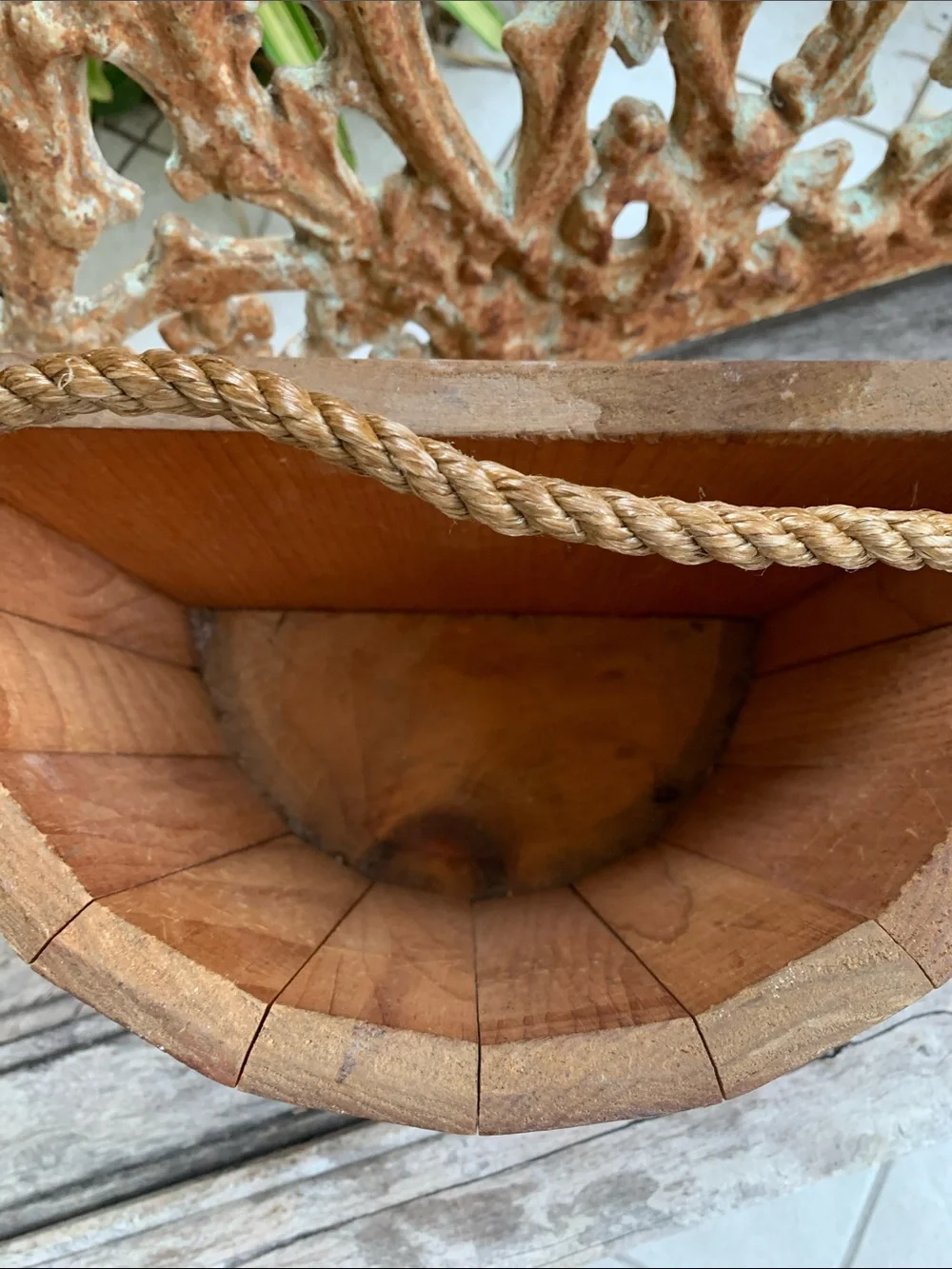 Vintage Flat Sided Wooden Hanging Basket with Red Heart and Floral Accents